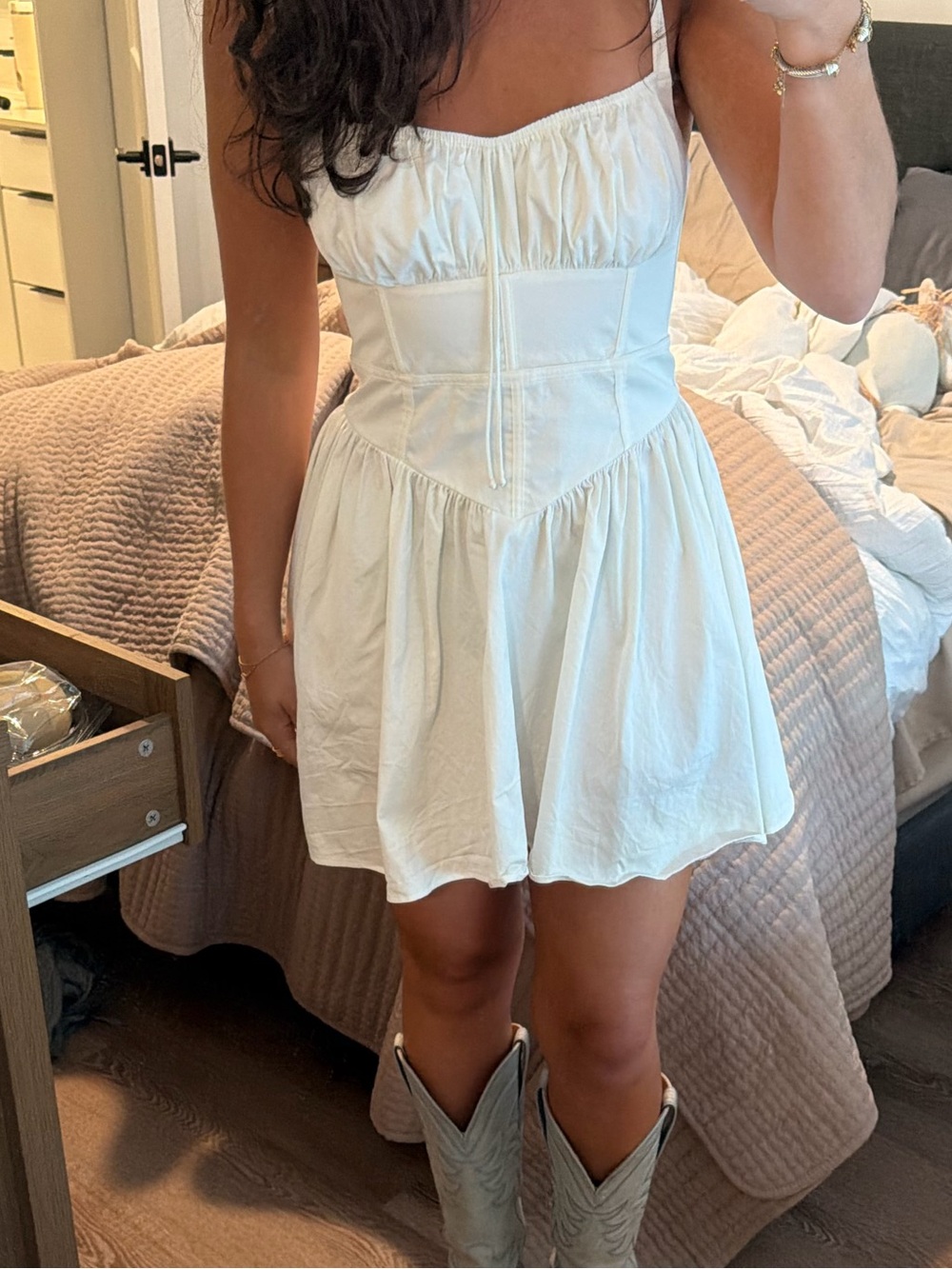 For Love And Lemons White Ruched Bodice Spaghetti-Strap Mini Dress